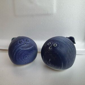Blue Ceramic hand turned whale salt&pepper shakers.